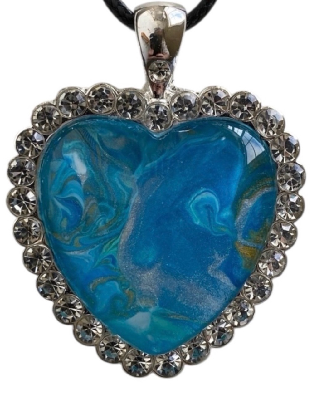 Hand Crafted Blue Gold Acrylic Pour Heart Pendant Necklace Rhinestone Border
